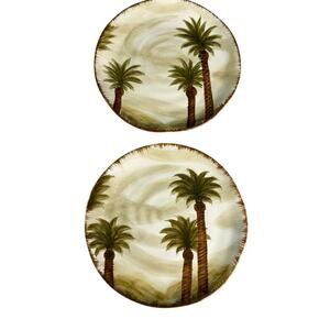 Set of 2 Z Gallerie Fiji Hand Painted Palm Tree Plates 9" Tropical Luncheon